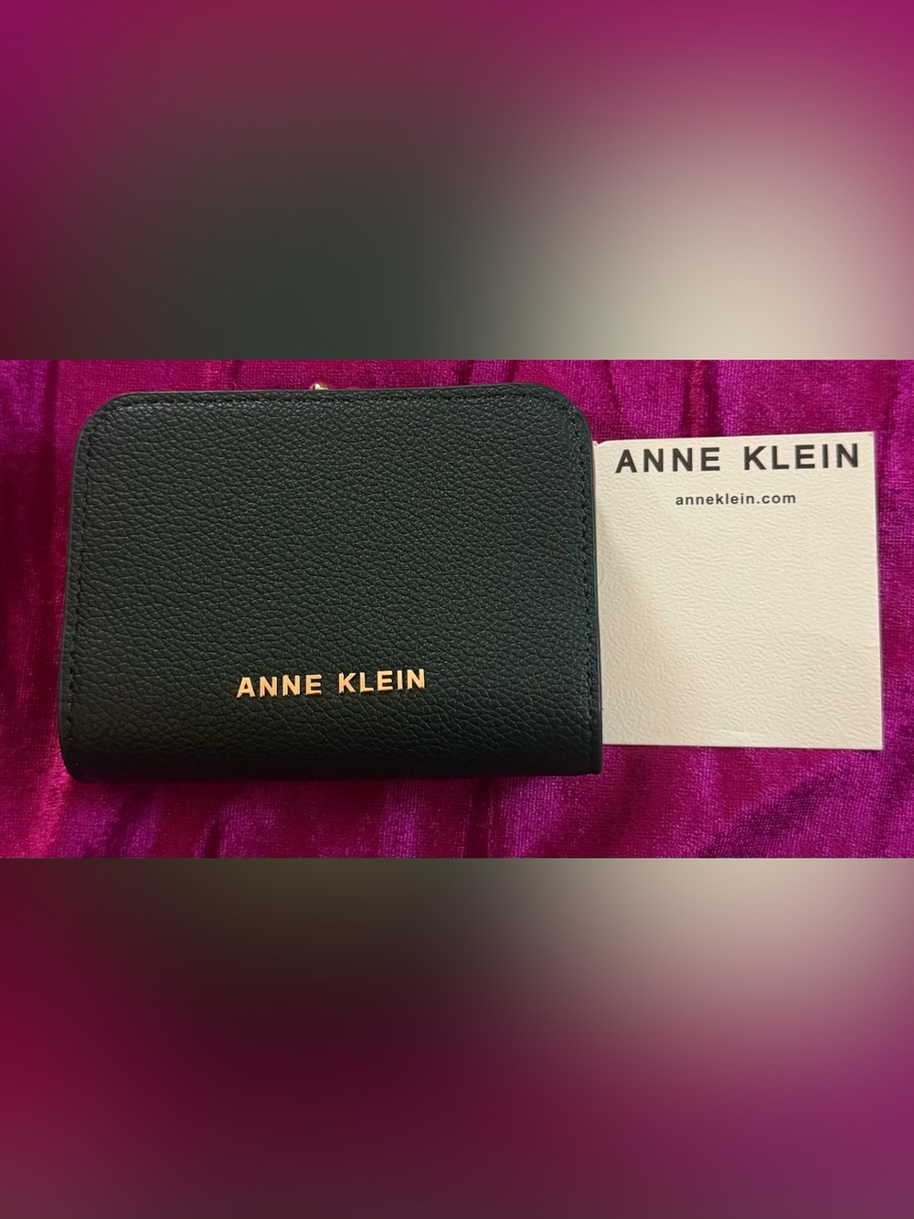 Anne Klein Black Leather Zip Card Holder with Gold Logo